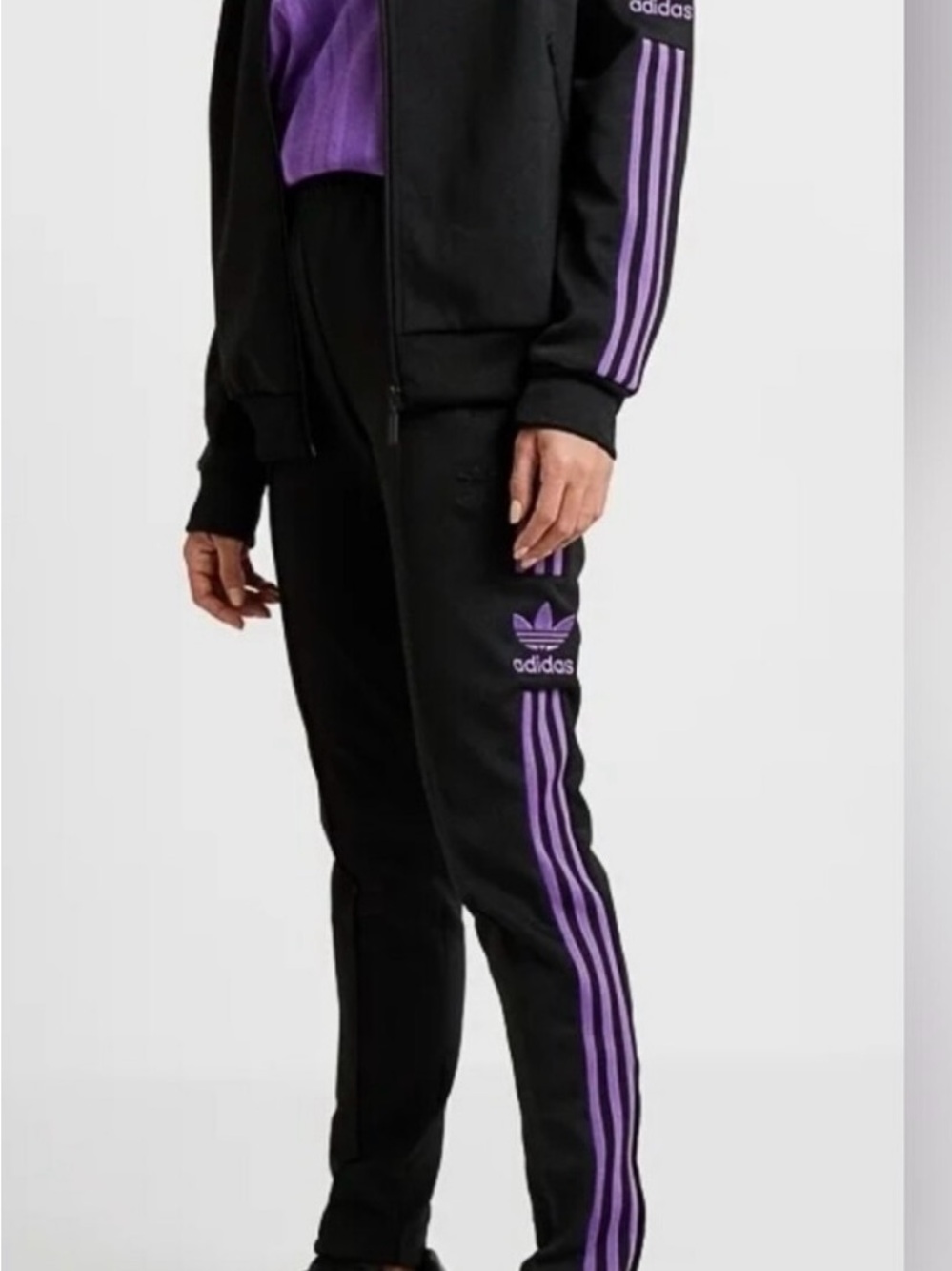RARE adidas Women SST Originals Track Pants Black w/Purple stripes L/18 DV0131 - Picture 2 of 9